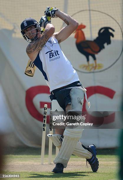 Kevin Pietersen of England bats during a nets session at Sardar Patel Stadium on November 13, 2012 in Ahmedabad, India.