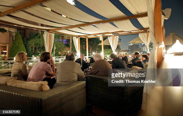 German Foreign Minister Guido Westerwelle speaks with journalists at the Nile on the terrace of Sofitel, before the second Euro - Arab Ministerial...