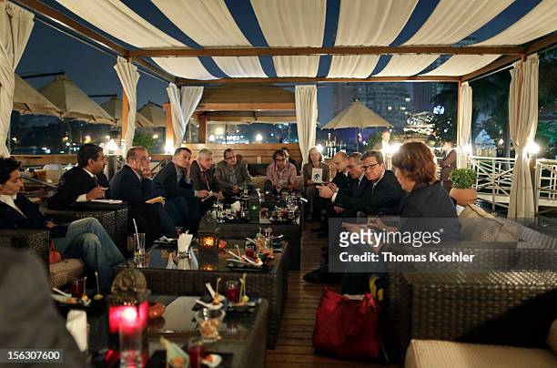 German Foreign Minister Guido Westerwelle speaks with journalists at the Nile on the terrace of Sofitel, before the second Euro - Arab Ministerial...