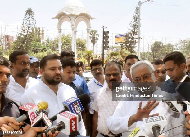 Bihar Chief Minister Nitish Kumar along with Deputy Chief Minister Tejashwi Yadav speaking with media persons during Kargil Vijay Diwas function...