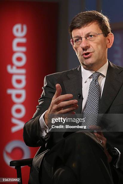 Vittorio Colao, chief executive officer of Vodafone Group Plc, gestures during a Bloomberg Television interview in London, U.K., on Tuesday, Nov. 13,...