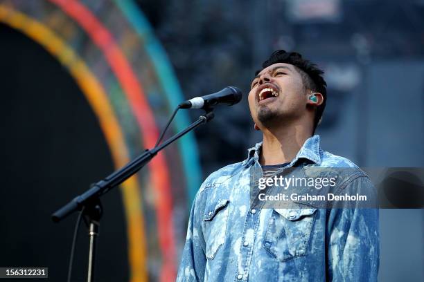 Dougy Mandagi of Temper Trap performs live on stage as the support act for Coldplay at Etihad Stadium on November 13, 2012 in Melbourne, Australia.