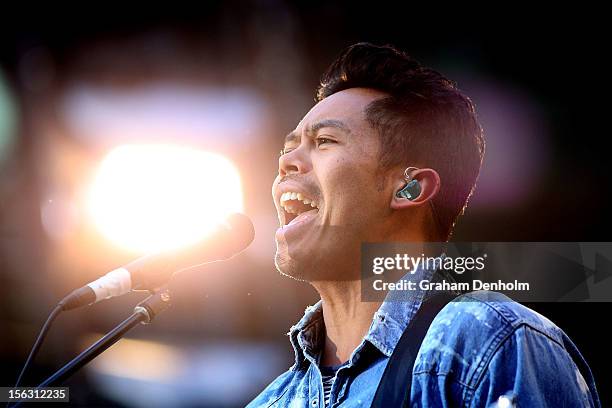 Dougy Mandagi of Temper Trap performs live on stage as the support act for Coldplay at Etihad Stadium on November 13, 2012 in Melbourne, Australia.