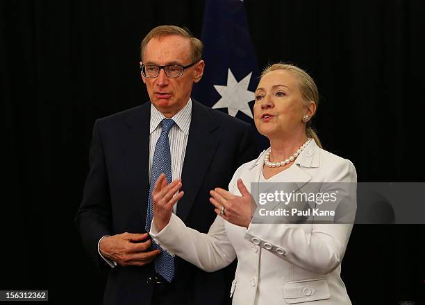 The Australian Minister for Foreign Affairs Bob Carr and US Secretary of State Hillary Clinton talk during the annual Australia-United States...