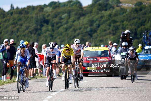 Simon Yates of United Kingdom and Team Jayco-AlUla, Tadej Pogacar of Slovenia and UAE Team Emirates - White best young jersey, Jonas Vingegaard of...