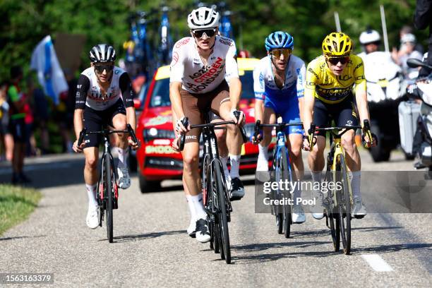 Adam Yates of United Kingdom and UAE Team Emirates, Felix Gall of Austria and Ag2R Citroën Team, Simon Yates of United Kingdom and Team Jayco-AlUla...