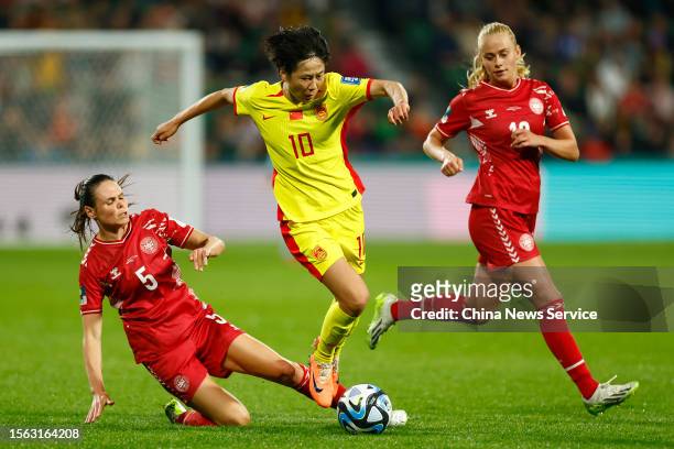 Zhang Rui of Team China and Simone Boye of Denmark compete for the ball during the FIFA Women's World Cup Australia & New Zealand 2023 Group D match...