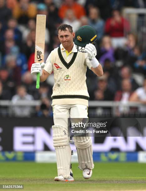 Australia batsman Marnus Labuschagne reaches his century during day four of the LV= Insurance Ashes 4th Test Match between England and Australia at...
