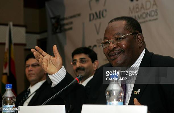 Zimbabwean Minister of Mines and Mining Development Obert Mpofu delivers a speech on November 13, 2012 during the second day of the Zimbabwean...