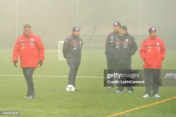 Argentine coach of Chile Claudio Borghi looks on during a training at Spiserwies stadium November 13, 2012 in Sait Gallen, Switzerland. Chile will...