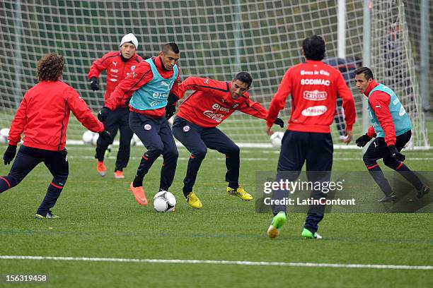 Chilean players during a training at Spiserwies stadium November 13, 2012 in Sait Gallen, Switzerland. Chile will play a friendly match against...