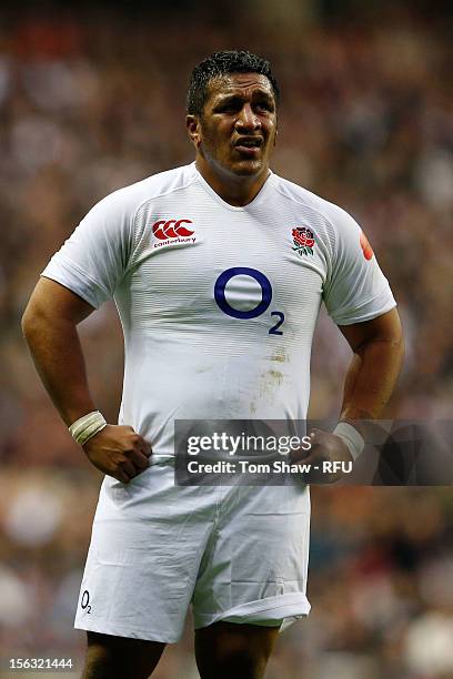 Mako Vunipola of England looks on during the QBE international match between England and Fiji at Twickenham Stadium on November 10, 2012 in London,...