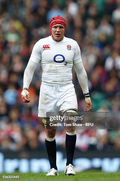 Tom Johnson of England looks on during the QBE international match between England and Fiji at Twickenham Stadium on November 10, 2012 in London,...