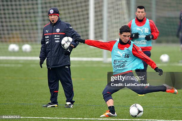 Felipe Guitierrez of Chile kicks the ball during a training at Spiserwies stadium November 13, 2012 in Sait Gallen, Switzerland. Chile will play a...