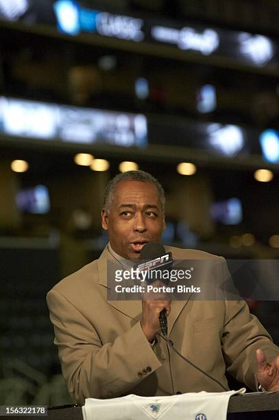 Barclays Center Classic: ESPN announcer John Saunders after Long Island University vs Morehead State game at Barclays Center. Brooklyn, NY 11/9/2012...