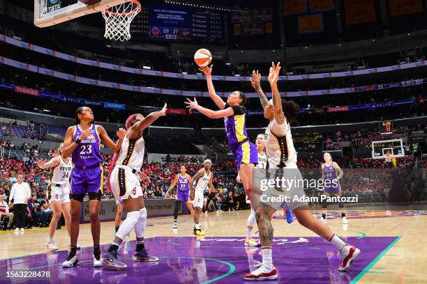 Dearica Hamby of the Los Angeles Sparks drives to the basket during the game against the Indiana Fever on July 27, 2023 at Crypto.Com Arena in Los...