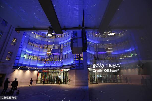 The BBC headquarters at New Broadcasting House is illuminated at night on November 13, 2012 in London, England. Tim Davie has been appointed the...