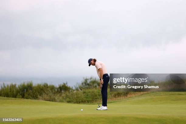 General view as Tommy Fleetwood of England reacts after missing a birdie putt on the 14th green on Day Three of The 151st Open at Royal Liverpool...