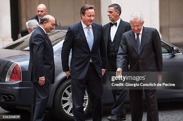 British Prime Minister David Cameron meets with Italian Prime Minister Mario Monti, prior a press conference at Palazzo Chigi on November 13, 2012 in...