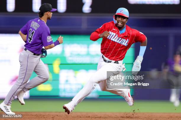Jesus Sanchez of the Miami Marlins rounds second base against the Colorado Rockies during the second inning at loanDepot park on July 22, 2023 in...