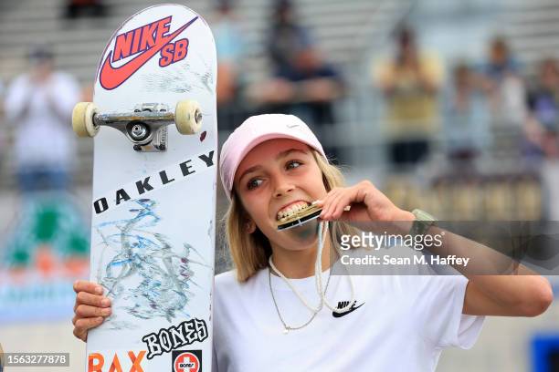 Chloe Covell of Australia on the podium after finishing first place in the Women's Skateboard Street Final during the X Games California 2023 on July...