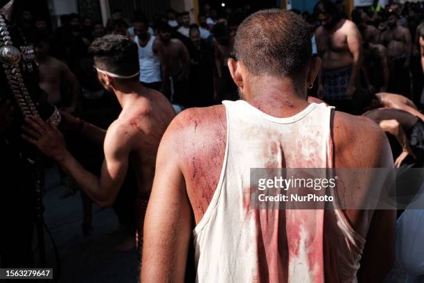 Shiite Muslims perform during the annual commemoration Ashura in Pireaus, Greece on July 29, 2023. Hundreds of Shiite Muslims gathered in Piraeus to...