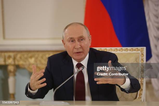 Russian President Vladimir Putin talks during his press conference at the Konstantin Palace, on July 29, 2023 in Saint Petersburg, Russia. President...