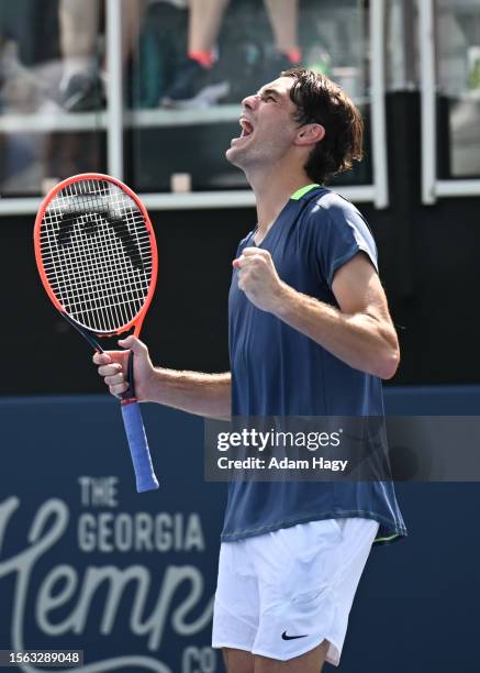 Taylor Fritz celebrates after defeating J.J. Wolf in two sets during the ATP Atlanta Open semi-finals at Atlantic Station on July 29, 2023 in...