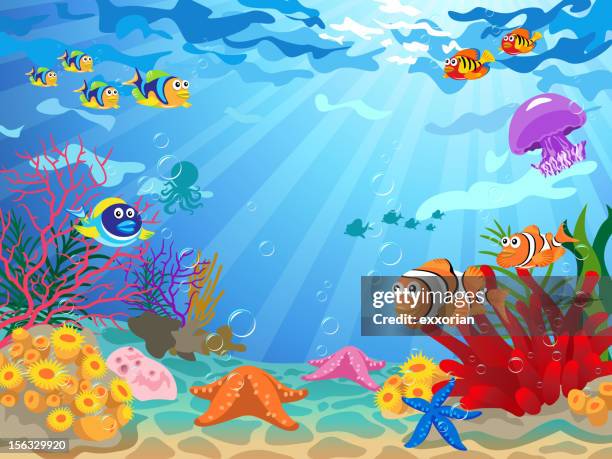 unterwasser-szene mit sea life - meeresboden stock-grafiken, -clipart, -cartoons und -symbole