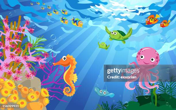 bildbanksillustrationer, clip art samt tecknat material och ikoner med underwater scene with sea life - undersea