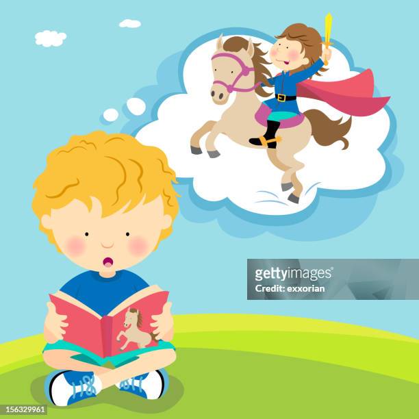 boy reading with imagination - kid thinking stock illustrations
