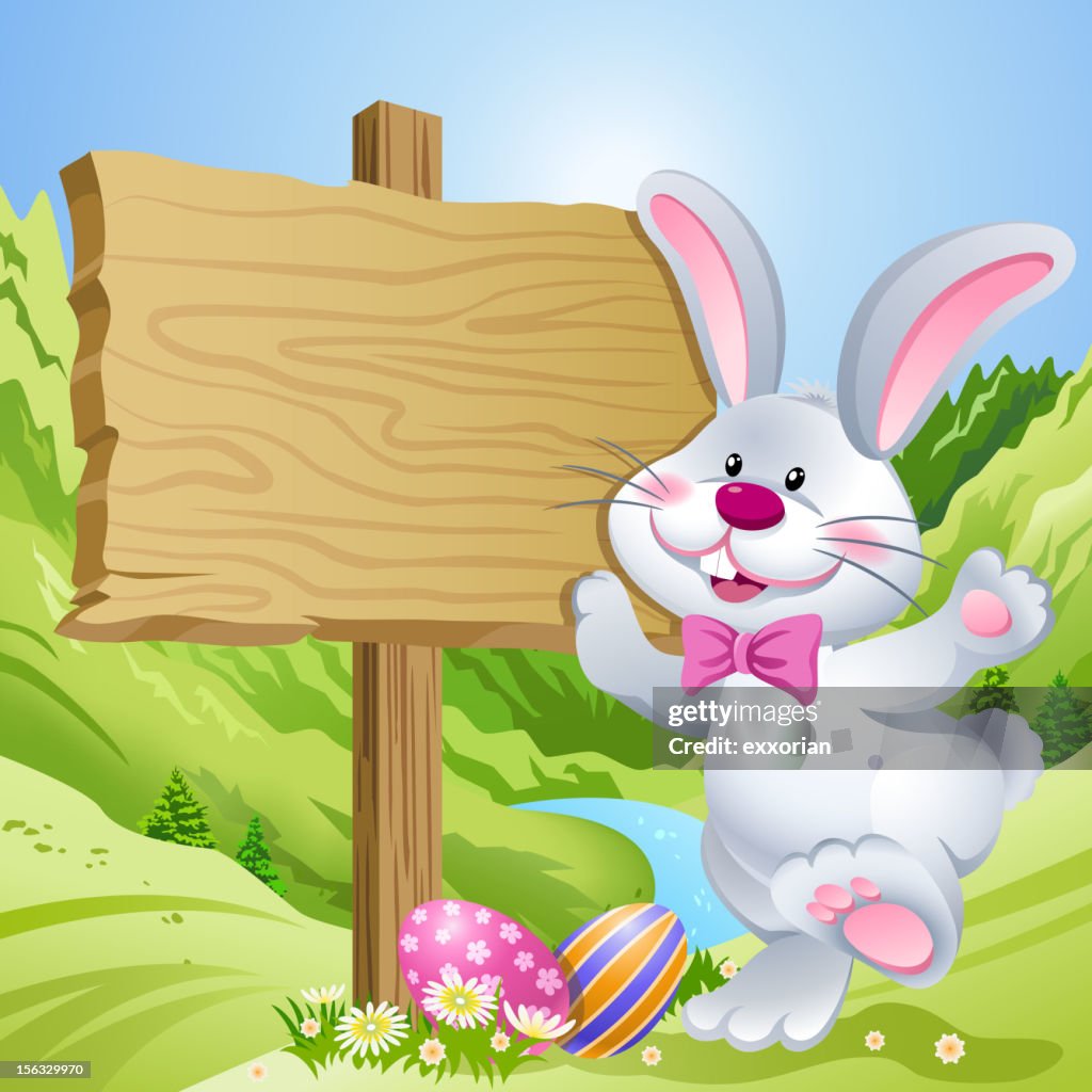 Easter Bunny in Front of Signpost