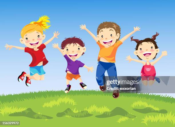 stockillustraties, clipart, cartoons en iconen met group of children jumping in spring - kind veld spelen