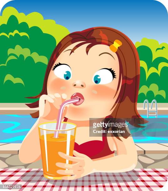 illustrazioni stock, clip art, cartoni animati e icone di tendenza di ragazzina beve succo d'arancia accanto alla piscina - drinking straw