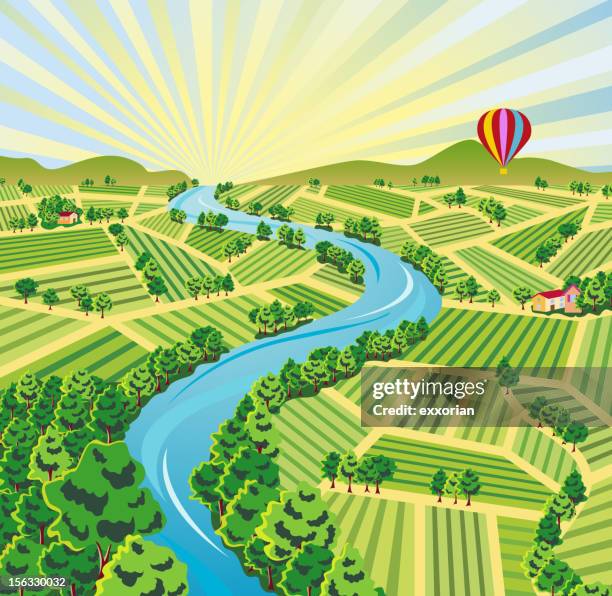 aerial sunrise farmland anzeigen - fluss stock-grafiken, -clipart, -cartoons und -symbole