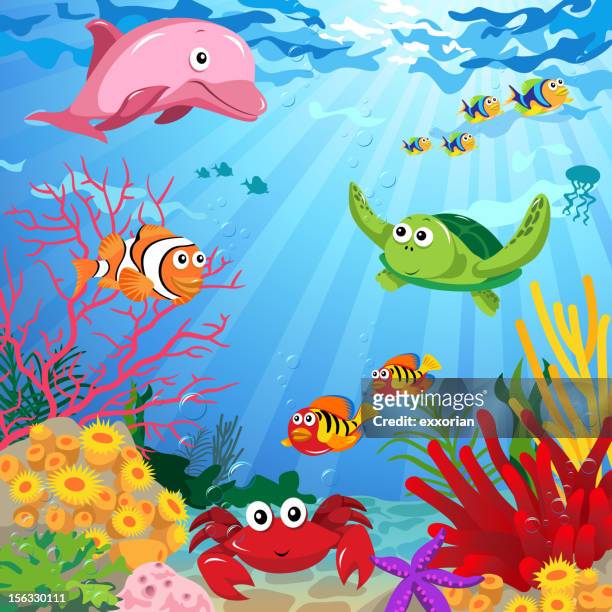 illustrations, cliparts, dessins animés et icônes de scène sous-marine avec la vie - groupe moyen d'animaux