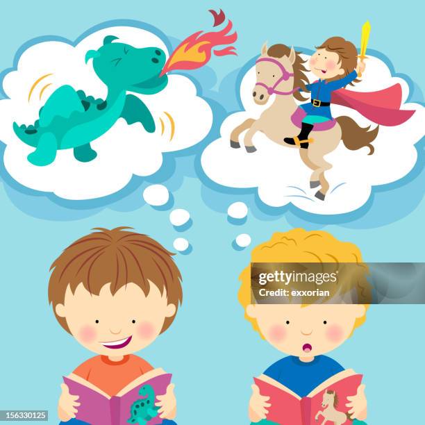 ilustraciones, imágenes clip art, dibujos animados e iconos de stock de niños construcción de un cuento de hadas de libros - onírico