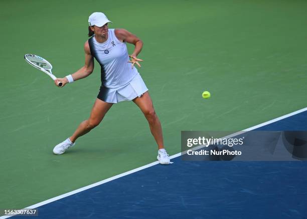 World No.1 Iga Swiatek of Poland in action against Yanina Wickmayer of Belgium during the Women's Singles Semifinal match on Day Seven of the BNP...