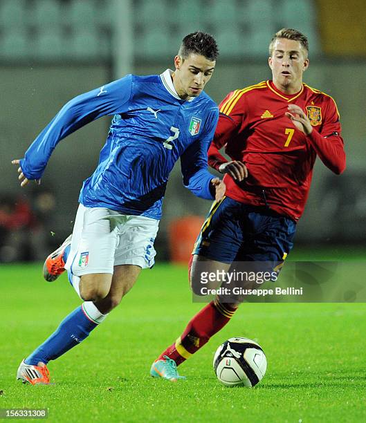 Mattia De Sciglio of Italy and Gerard Deulofeu of Spain in action during the Under 21 international friendly match between Italy U21 and Spain U21 at...