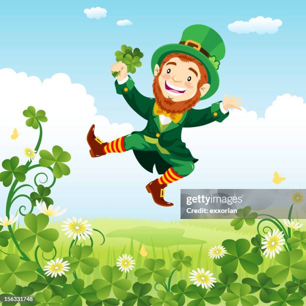 leprechaun daning on clover glade - leprechaun stock illustrations