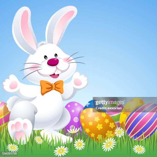 glücklich osterhase mit eier in der natur - bunny eggs stock-grafiken, -clipart, -cartoons und -symbole