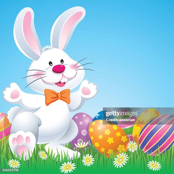 stockillustraties, clipart, cartoons en iconen met happy easter bunny with eggs in nature - konijntje