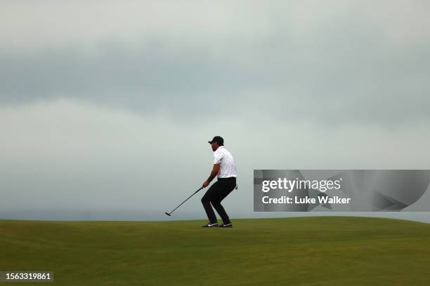 General view as Jason Day of Australia reacts after putting on the 17th green on Day Three of The 151st Open at Royal Liverpool Golf Club on July 22,...