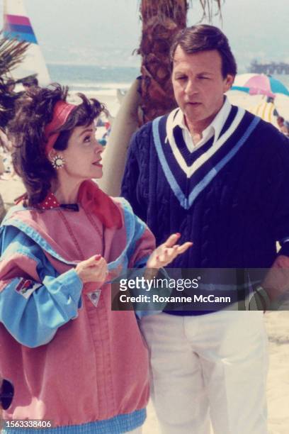 Actors and singers Annette Funicello, a former Mickey Mouse Club Mouseketeer, and Frankie Avalon who starred together in "Beach Party" films stand by...