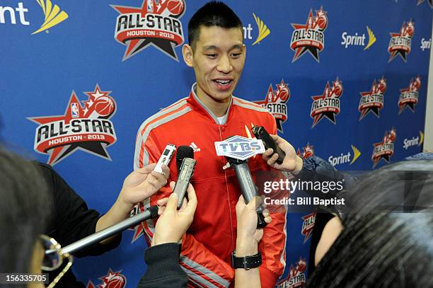 Jeremy Lin of the Houston Rockets speaks to the media during the press conference to announce the tip off for the 2013 All Star Balloting on November...