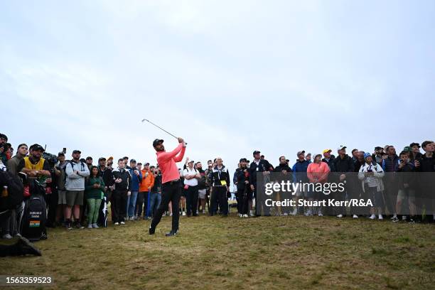 Shubhankar Sharma of India plays his shot on the 16th hole during Day Three of The 151st Open at Royal Liverpool Golf Club on July 22, 2023 in...