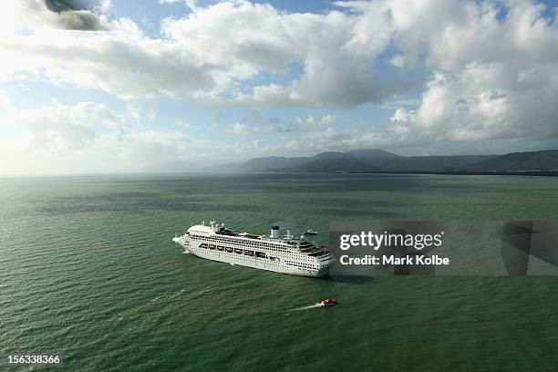 Cruise ship is seen in place off Port Douglas for passengers to watch the total eclipse on November 14, 2012 in Cairns, Australia. Thousands of...