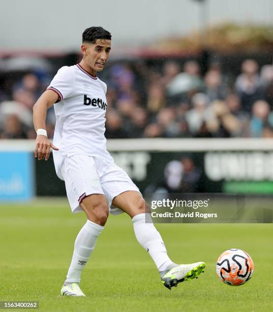 Nayef Aguerd of West Ham United passes the ball during the pre-season friendly match between Dagenham & Redbridge and West Ham United at Chigwell...