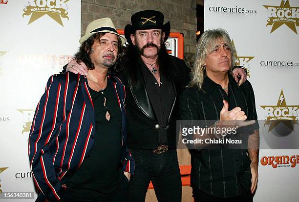 Phil Campbell, Lemmy Kilmister and Mikkey Dee of Motorhead attend the Classic Rock Roll of Honour at The Roundhouse on November 13, 2012 in London,...