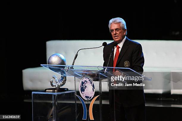 Justino Compean president of FEMEXFUT talks during the Second Investiture Ceremony for the Second Hall of Fame National and International Soccer at...